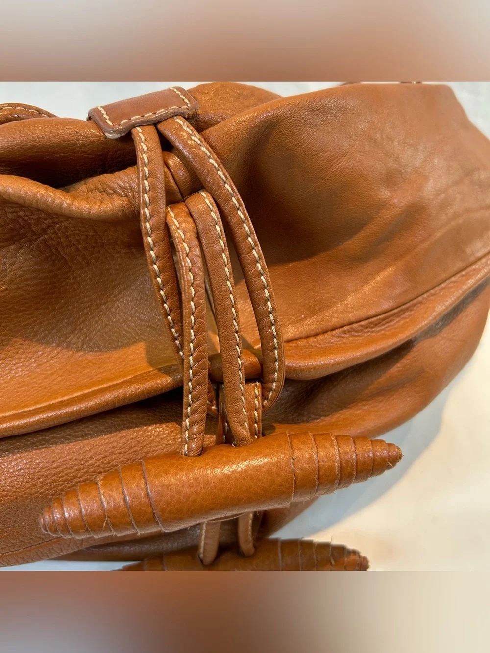 Structured Italian Leather Hobo Bag in Cognac with Wrapped Leather Accents